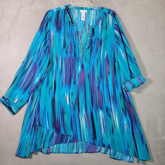 Catherines Top Women 1X Blue Striped Embellished Asymmetrical Hem Maximal Artsy - Picture 2 of 7
